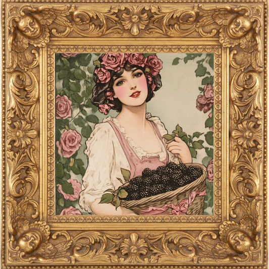 Vintage illustration of a woman with roses, holding a basket of blackberries, set against a floral background.