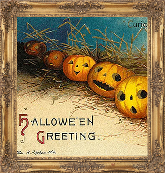 Vintage Halloween postcard featuring smiling jack-o'-lanterns and Halloween greeting text.