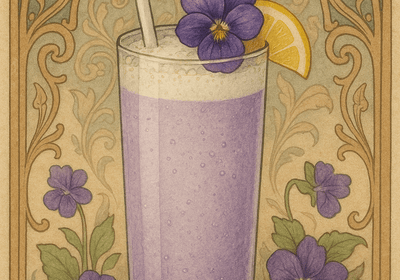 A beautifully illustrated Violet Gin Fizz cocktail garnished with violets and a lemon slice.