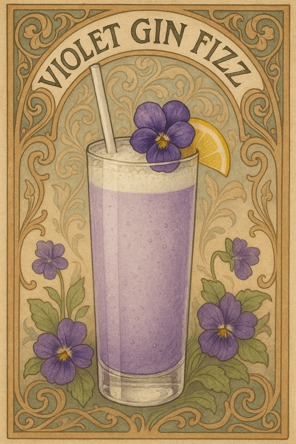 A beautifully illustrated Violet Gin Fizz cocktail garnished with violets and a lemon slice.