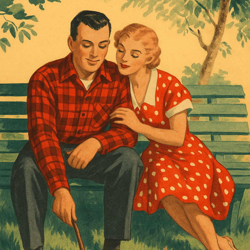 A couple sitting closely on a bench, embodying the theme Get Cozy With Me in a warm, nostalgic setting.