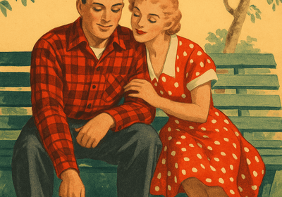 A couple sitting closely on a bench, embodying the theme Get Cozy With Me in a warm, nostalgic setting.