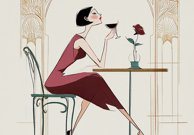 1920s woman enjoying a glass of wine alone at a table with a rose in a vase