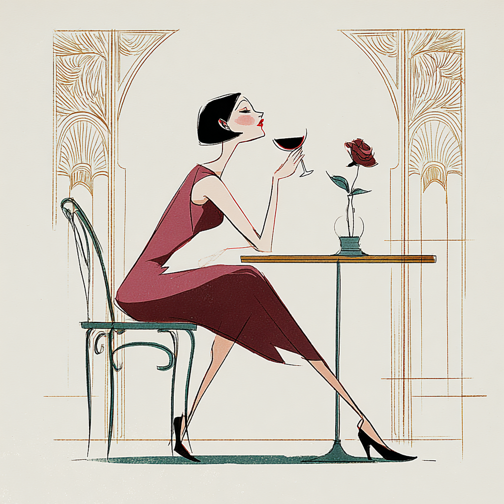 1920s woman enjoying a glass of wine alone at a table with a rose in a vase