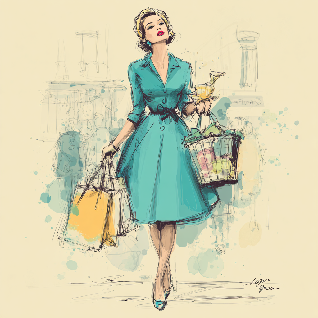 Images of woman from  the 1950s, wearing a blue dress shopping with bags on her arm