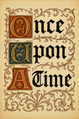 Decorative text 'Once Upon A Time' with ornate letters on a beige background