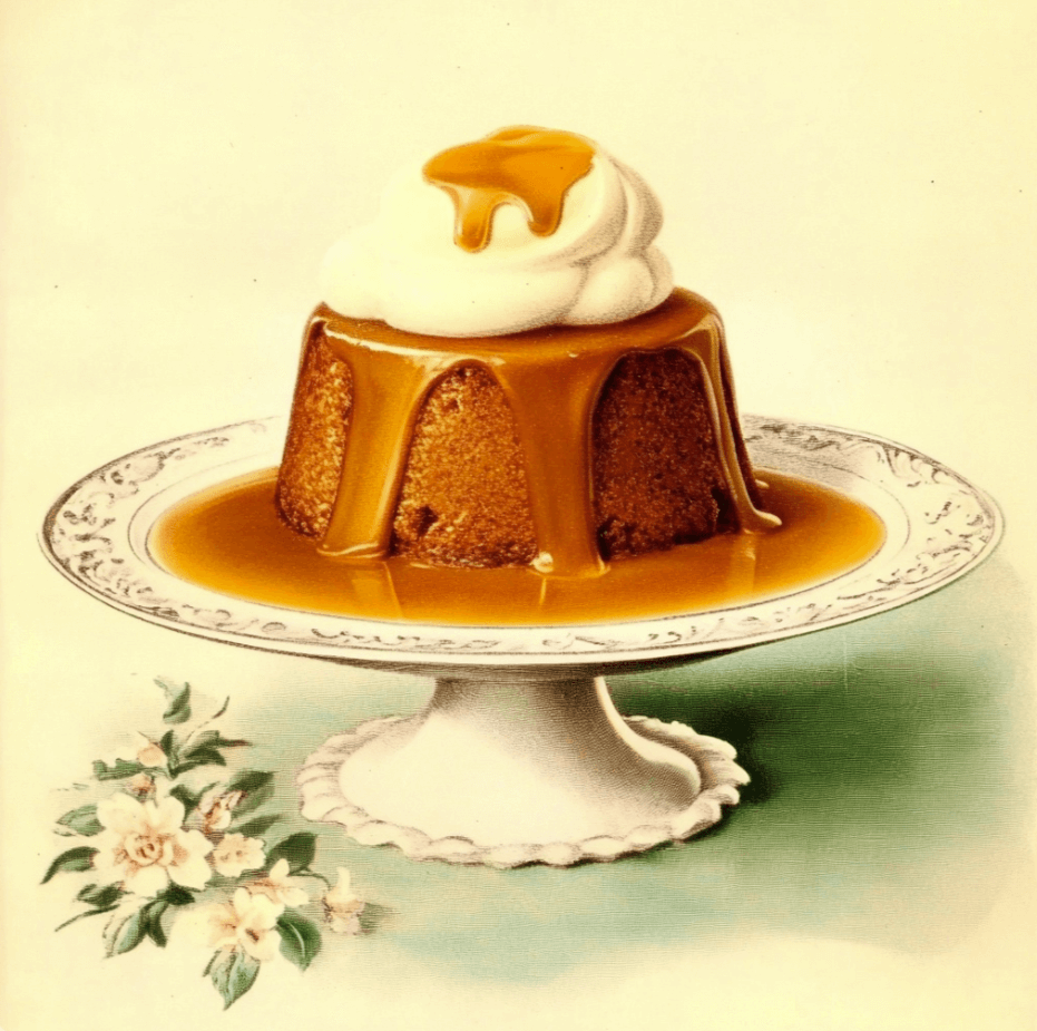 Sticky toffee pudding served on a decorative plate, topped with cream and rich toffee sauce.