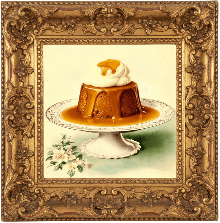 Sticky toffee pudding served on a decorative plate, topped with cream and rich toffee sauce.