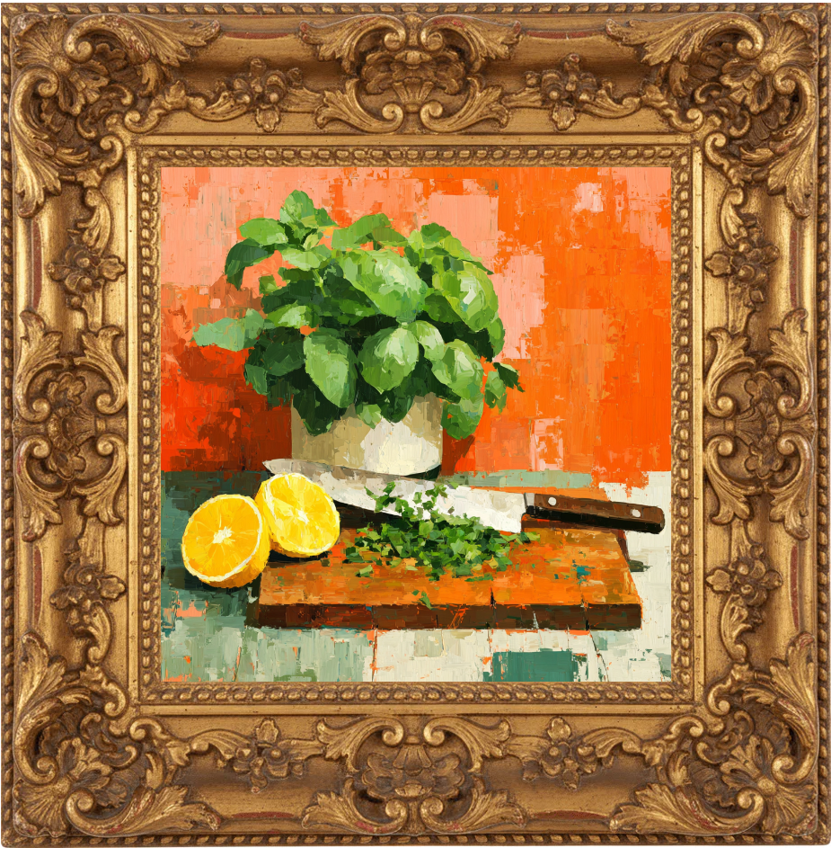 Still life with lemons and herbs on a cutting board against an orange background, framed in ornate gold.