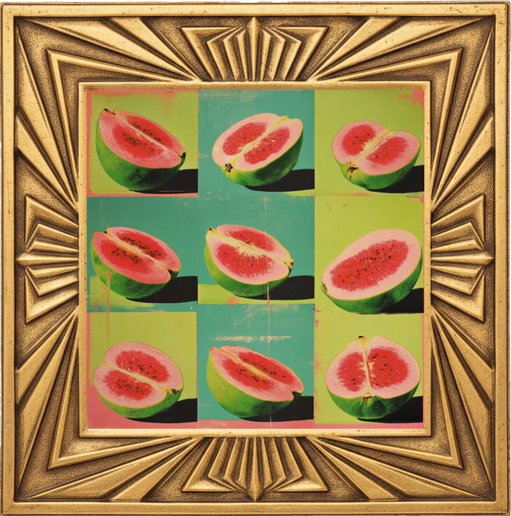 Andy Warhol-inspired pop art multi-panel portrait of sliced guavas, repeated grid composition, bright lime green guava skin with vivid pink tropical fruit inside, 