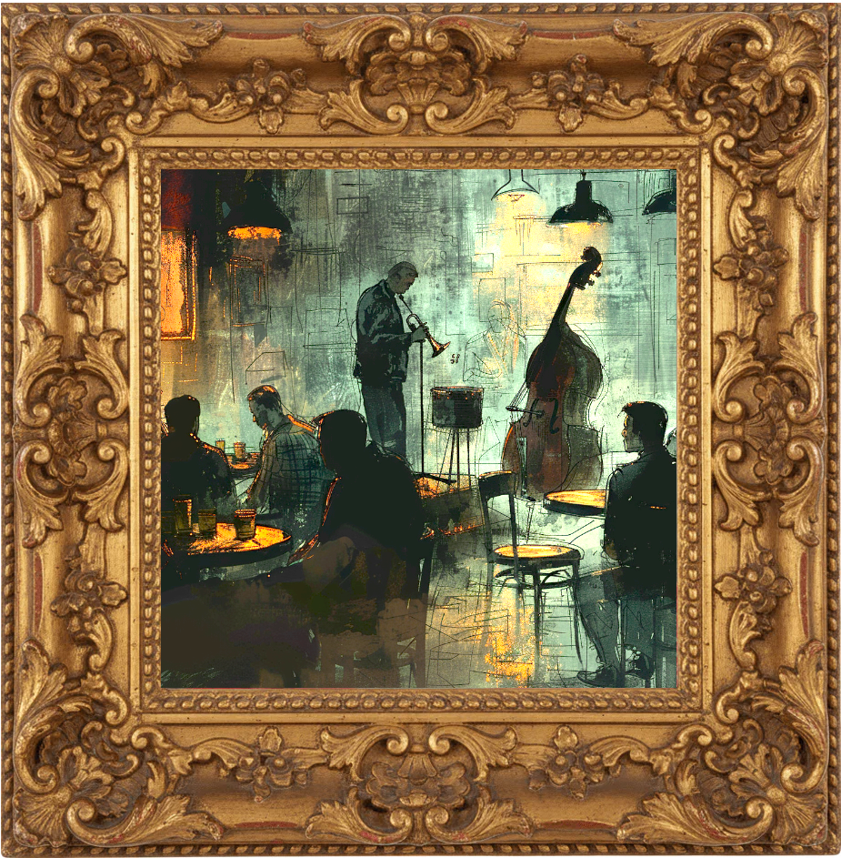 Decorative gold frame with a painting of musicians in a jazz club.