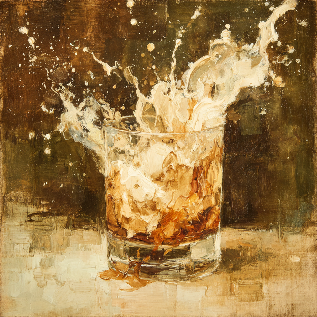A textured painting of a clear glass containing an amber-brown liquid, with a dramatic splash erupting from the top against a dark brown and beige background.