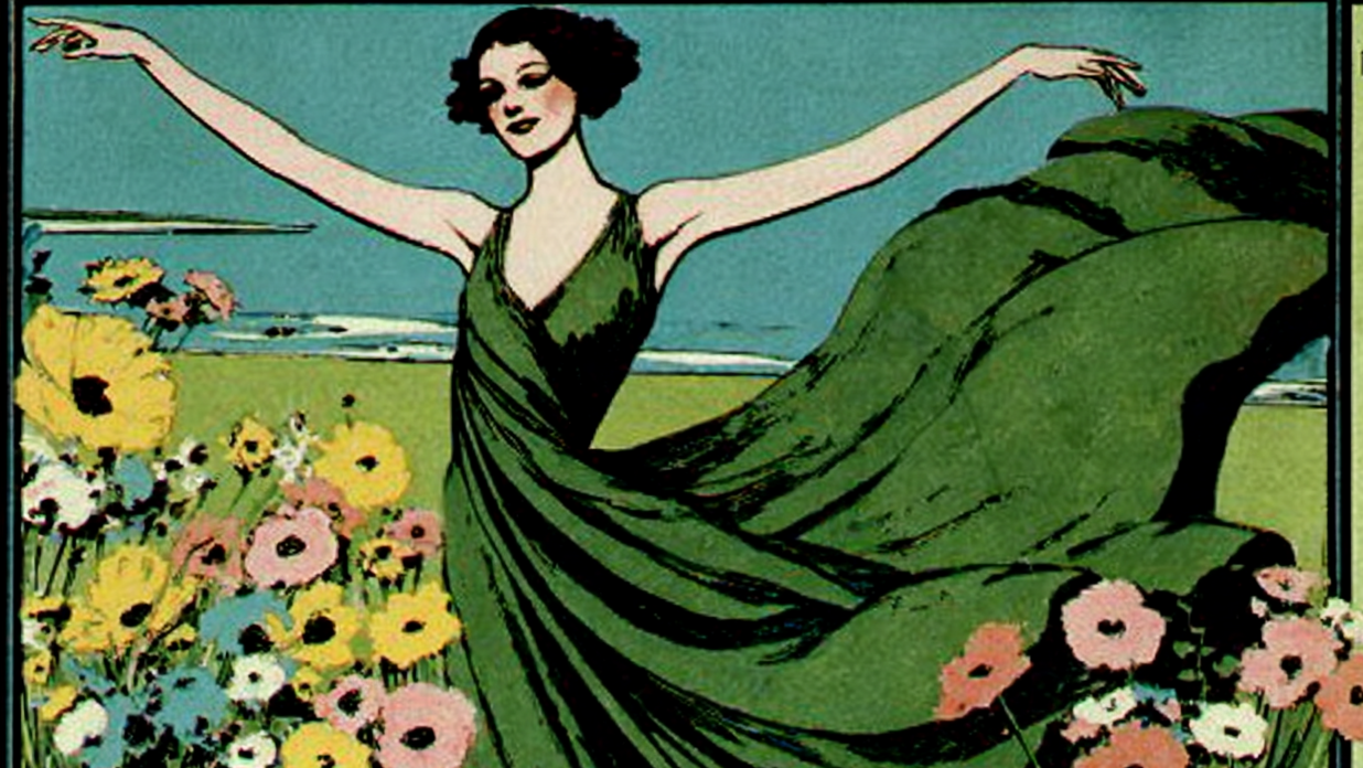 Vintage-style advertisement with a woman in a green dress surrounded by flowers, featuring a brand logo on the right.