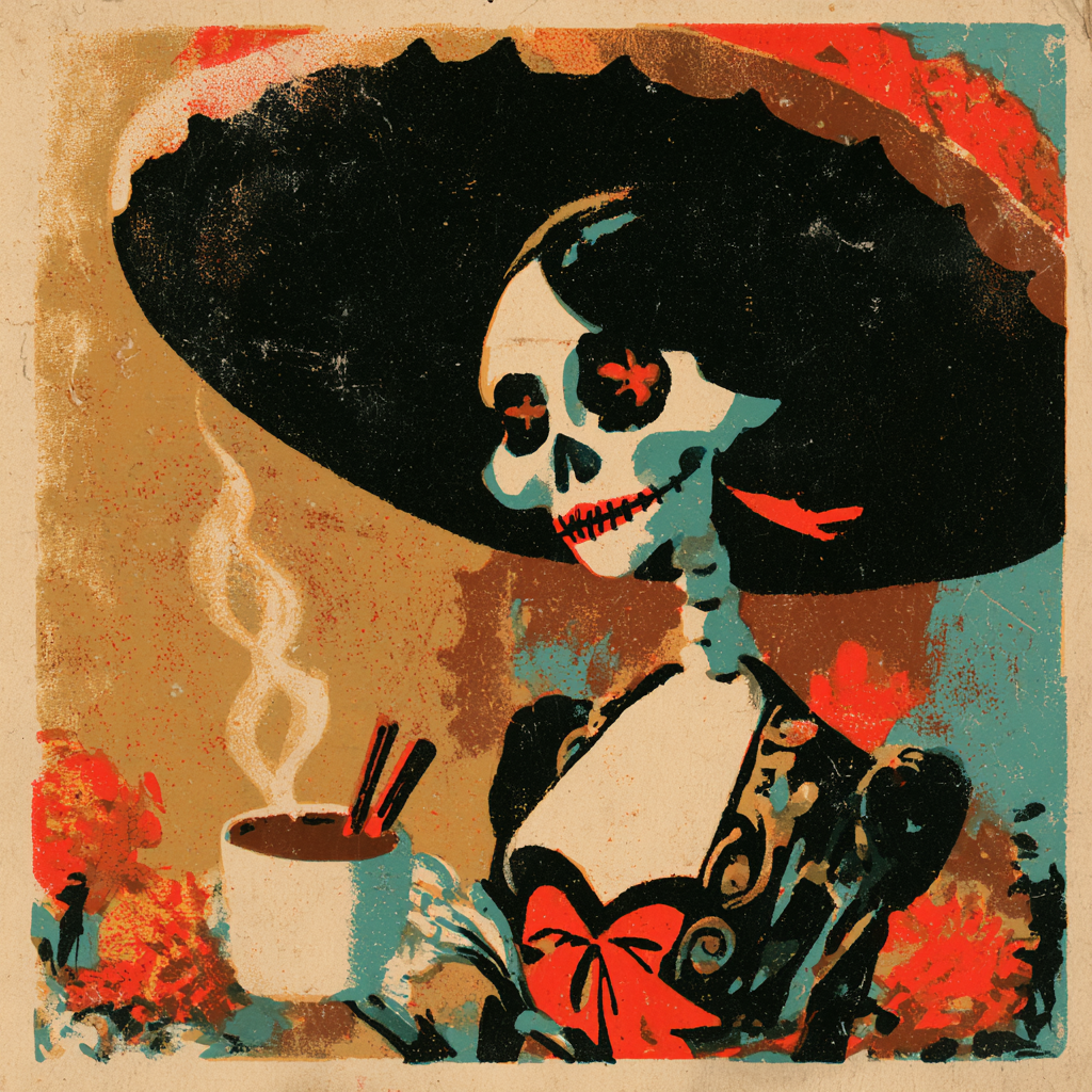 A stylized Day of the Dead illustration featuring a skeleton woman in a large black sombrero, holding a cup with cinnamon sticks, surrounded by warm tan, teal, and red-orange tones.