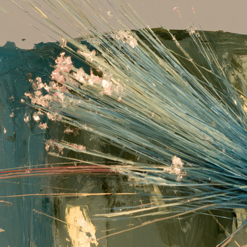 Abstract painting of a closeup of a spruce needle and flecks of frost  with textured brushstrokes in teal, blue, gray, and cream, featuring fine linear details.