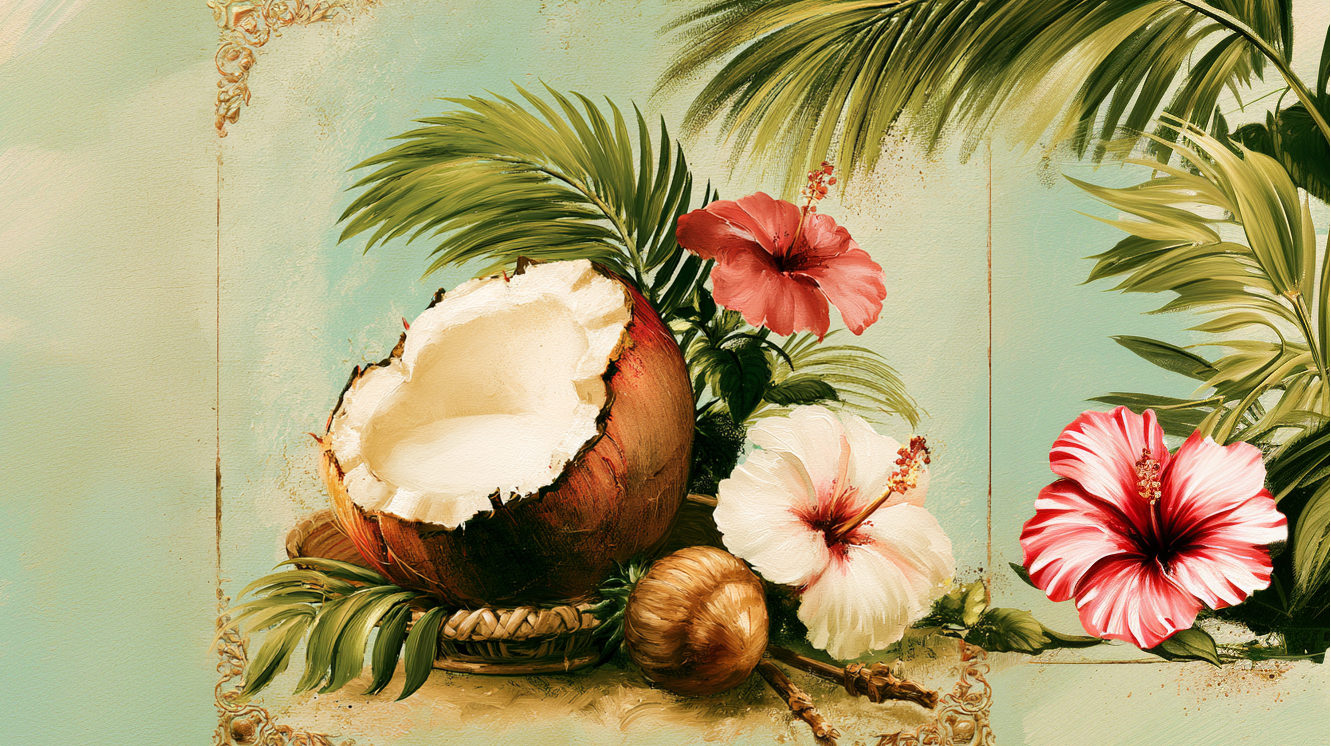 Tropical scene with a coconut, flowers, and leaves on a decorative background