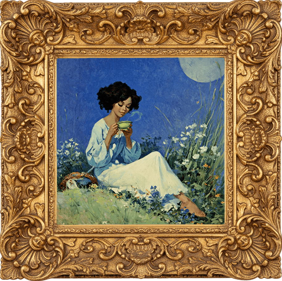 FLEUR DE MATCHA fragrance oil in a decorative image depicting a woman enjoying serenity in nature.