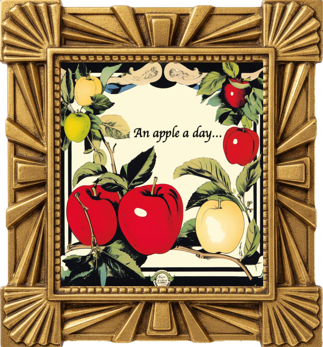 images of apples on the vine in the style of a vintage apple crate with the words "an apple a day"