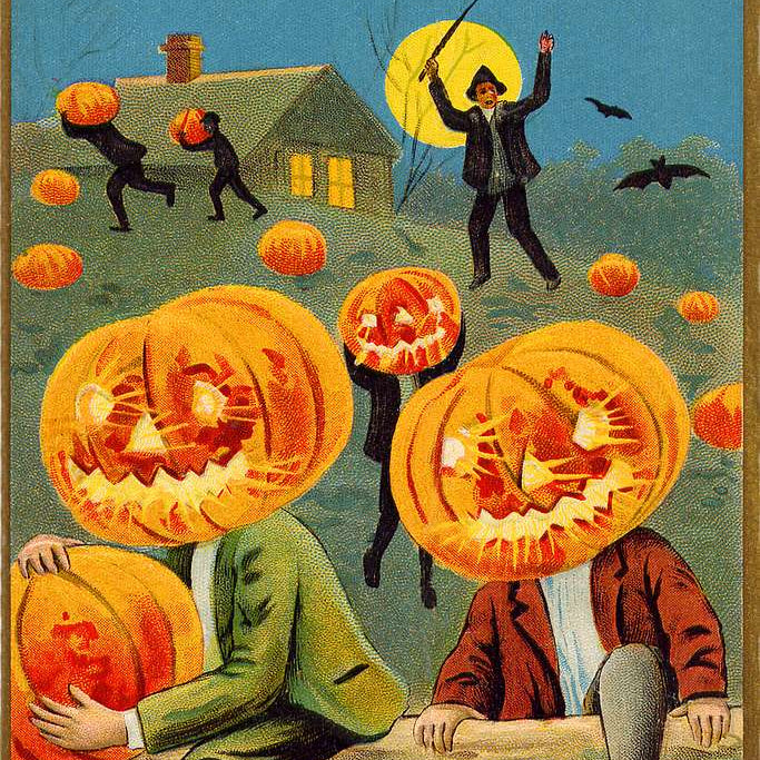 Vintage Halloween illustration showing carved jack-o'-lanterns on people sitting on a fence, with silhouetted figures and bats flying around a house under a full moon. The text 'Halloween Bugged' appears at the bottom.