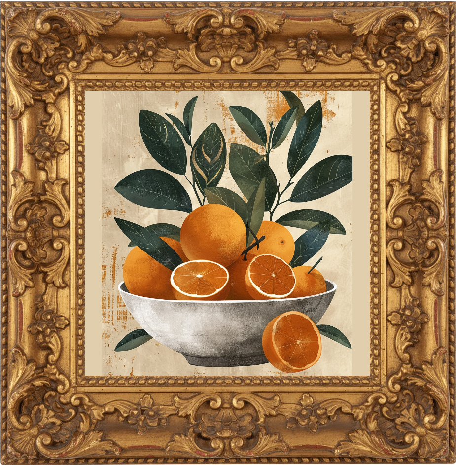Decorative painting of oranges in a bowl with leaves, framed in an ornate gold frame.