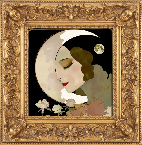 woman with face intertwined with moon and her eyes closed in an art nouveau themed watercolor