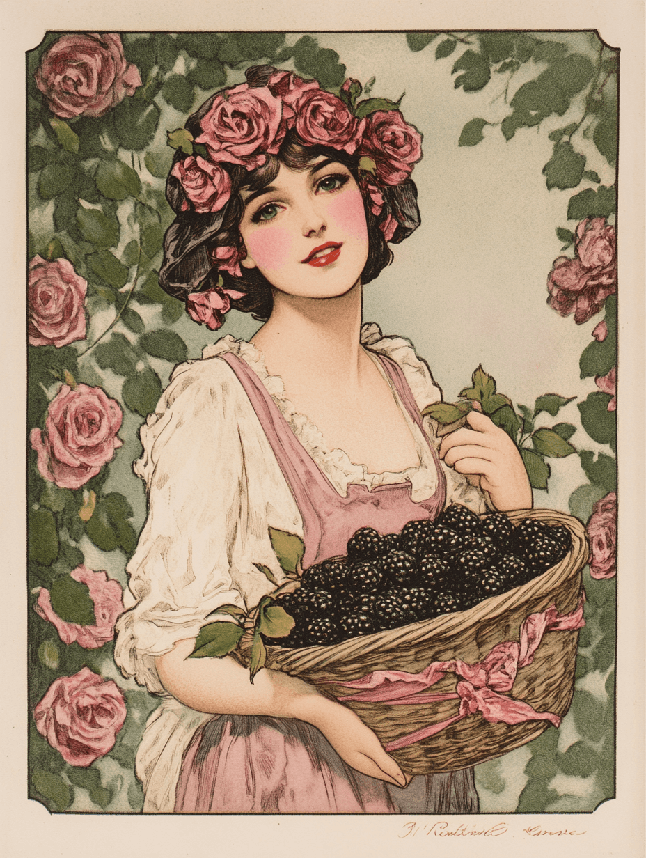Vintage illustration of a woman with roses, holding a basket of blackberries, set against a floral background.