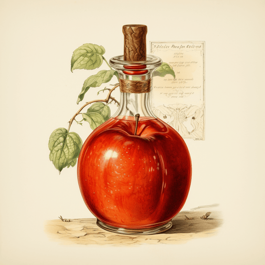Apple Jack liquor bottle with a round design, featuring an apple and green leaves, showcasing its Colonial American roots.