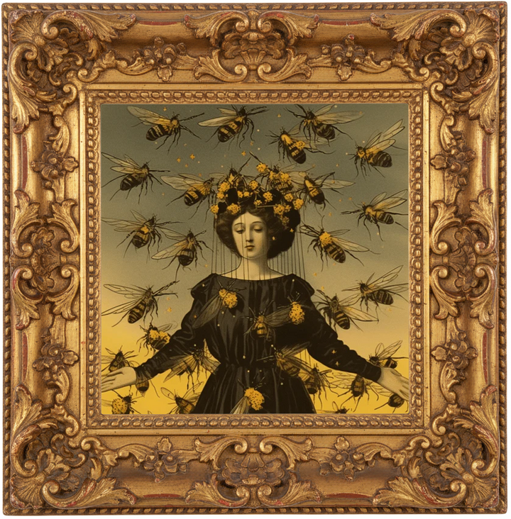 Artistic depiction of a woman adorned with bees and flowers, representing nature and honey.