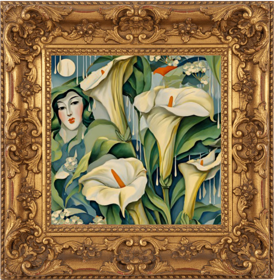Artistic depiction of a woman surrounded by calla lilies in a decorative gold frame.
