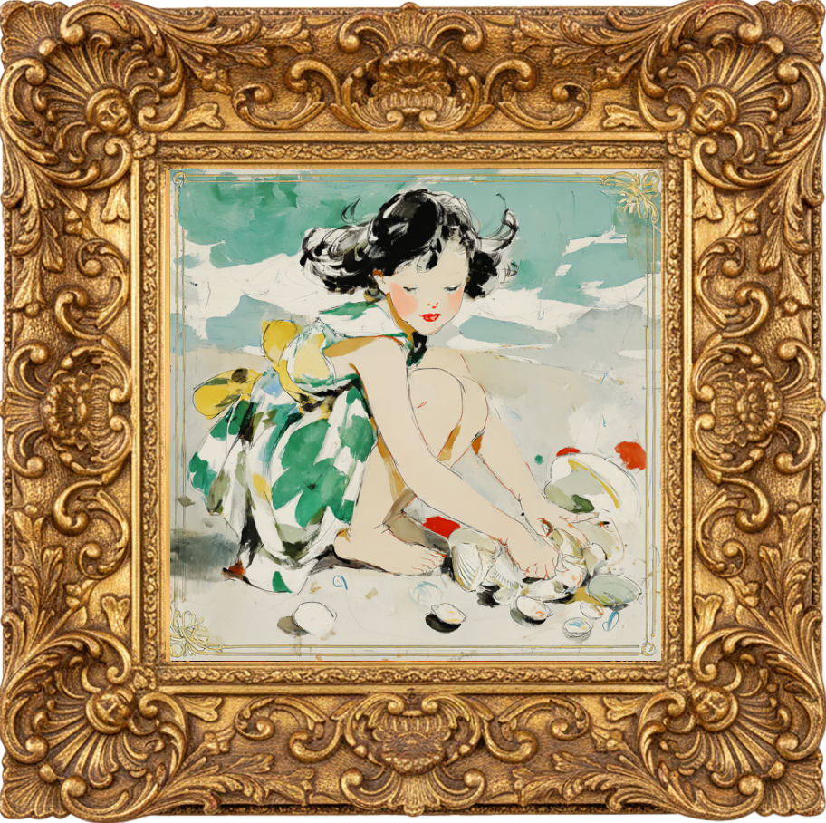 a sweet young girl kneeling on the beach, windswept hair dancing in the sea breeze, holding up her skirt like a little apron overflowing with seashells