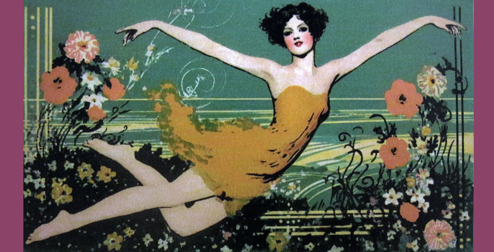 Artistic depiction of a dancer with floral elements on a green background