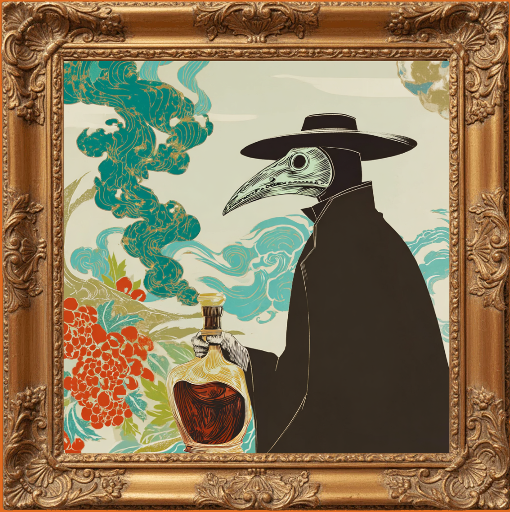 Illustration of a person in a plague doctor outfit holding a bottle with decorative frame