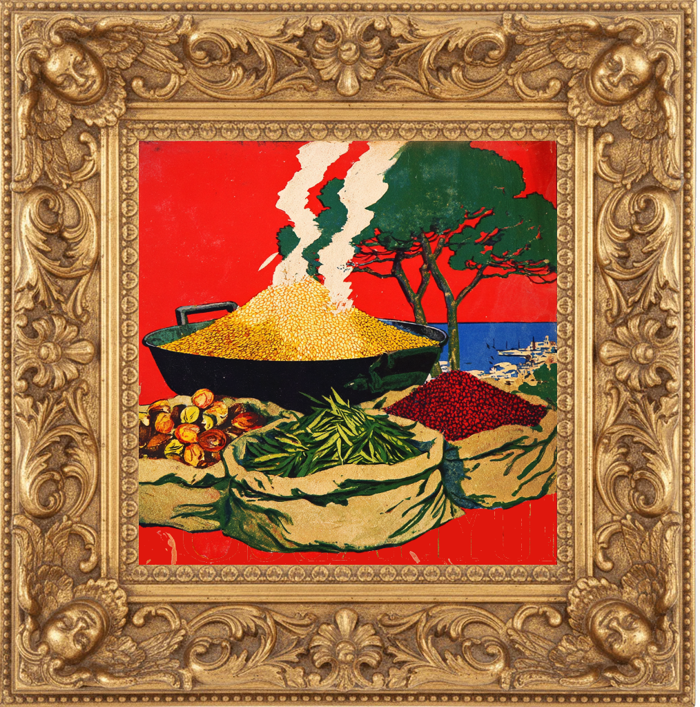 Decorative painting of a cooking scene with a gold frame