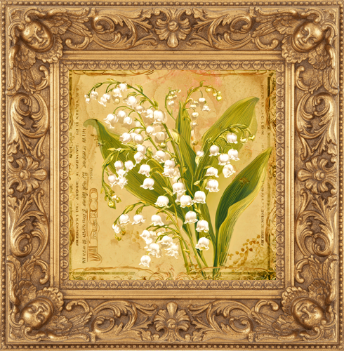 Decorative painting of lilies of the valley in an ornate gold frame.