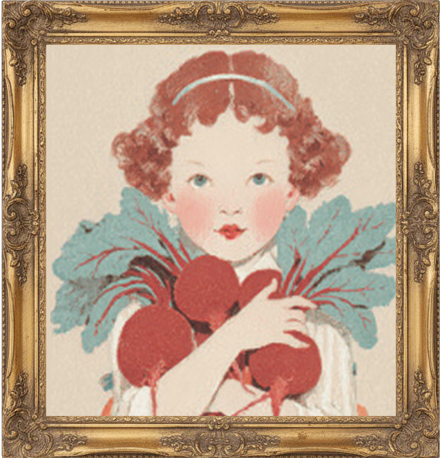 Vintage-style illustration of a girl holding radishes in a decorative gold frame.