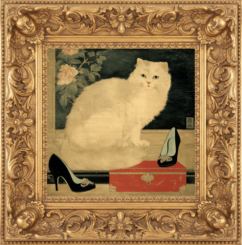 fluffy white cat with pronounced whiskers sitting with high heel shoes