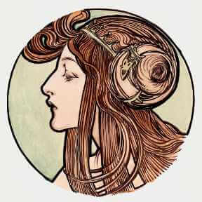 Art Nouveau illustration of a woman's profile with flowing hair and decorative elements.