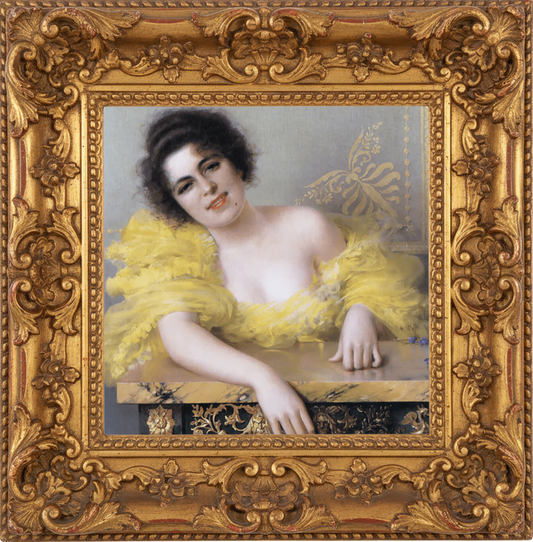 Portrait of a woman in a yellow dress, posing gracefully at a marble table with soft, warm colors.